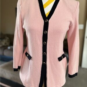St. John Light Pink Wool & Rayon Cardigan with Black Accents